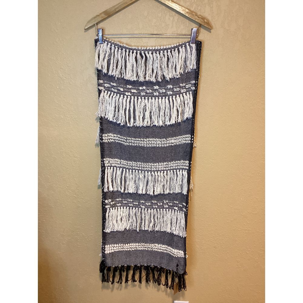 Creative Co-Op Striped Linen/Cotton Table Runner w/ Fringe, Black and Ivory